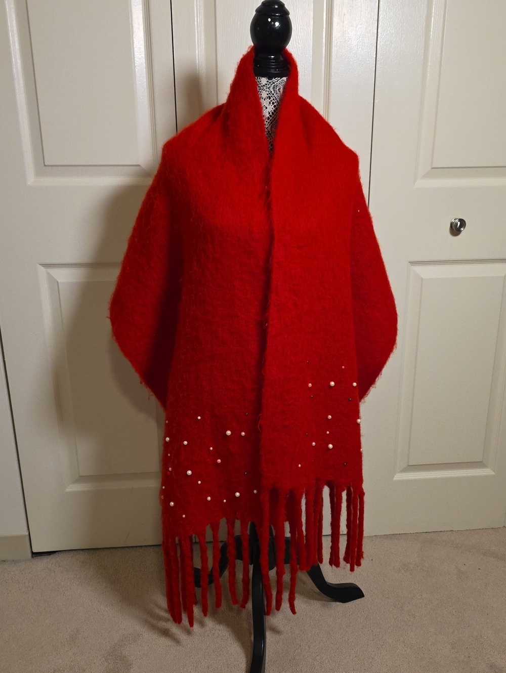 Women's Red Fringe Shawl with Pearl Accents